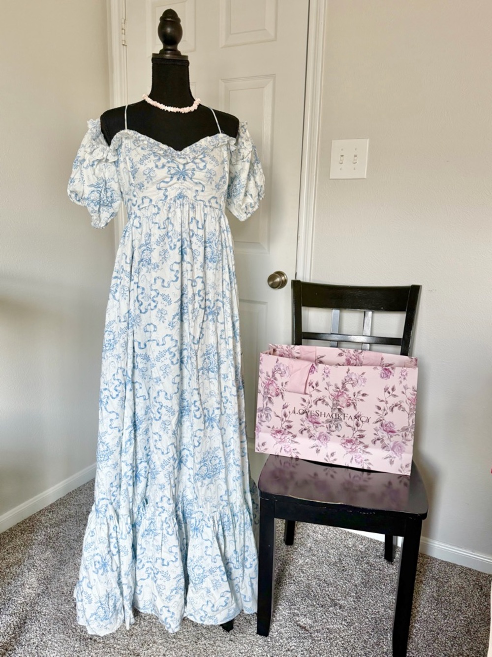 LoveShackFancy White and Light Blue Floral Maxi Dress